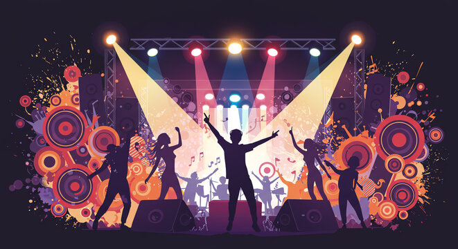 Concert crowd silhouettes with stage lighting