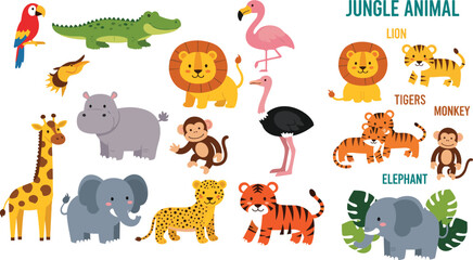Obraz premium Cute Jungle Animals Vector Set Featuring Lion Tiger Elephant Giraffe Monkey Hippo Crocodile Flamingo and Parrot for Kids Nursery Decor Safari Theme and Educational Children Design Projects