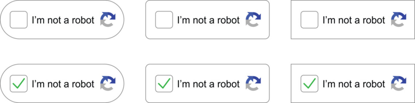Captcha verification icon set with check mark and i'm not a robot text. User interface security elements for website login and bot protection. Cybersecurity validation button design collection.