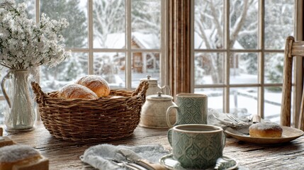 Fototapeta premium Cottage winter breakfast setting with basket
