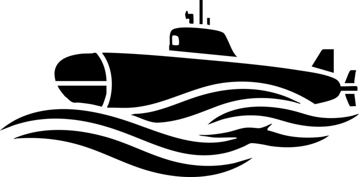 Black submarine silhouette on sea waves icon