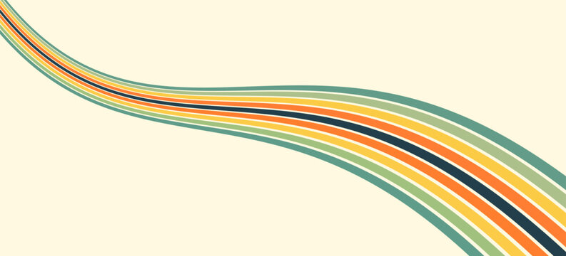 Abstract colorful 70s background vector. Vintage retro wallpaper with rainbow stripes and wavy lines. A 1970 color illustration suitable for posters, banners, decorative items and wall art.