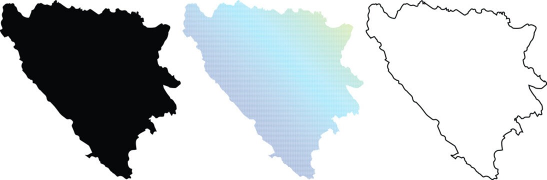 Vector map of Bosnia and Herzegovina set featuring solid black silhouette, blue pixelated dot pattern, and thin black outline for geographical design projects