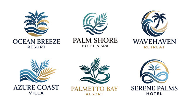 Coastal Resort Emblems: Collection of elegant emblem designs capturing the essence of seaside resorts, featuring waves, palm tree, and ocean elements, evoking a sense of tranquility.