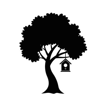 Tree silhouette, birdhouse icon, black vector graphic, nature symbol isolated on White Background vector eps silhouette