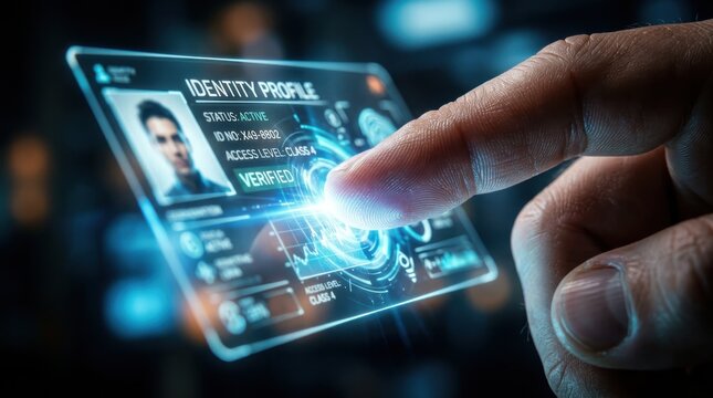 Finger selecting biometric sync on digital identity card interface. Digital identity verification concept.