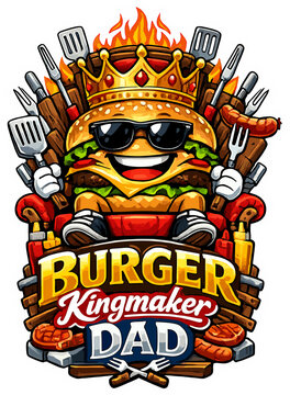 Cartoon burger character wearing a golden crown and sunglasses, sitting on a throne of BBQ tools and meat. Text "Burger Kingmaker Dad" in bold colorful fonts. Funny Father's Day grill king design.