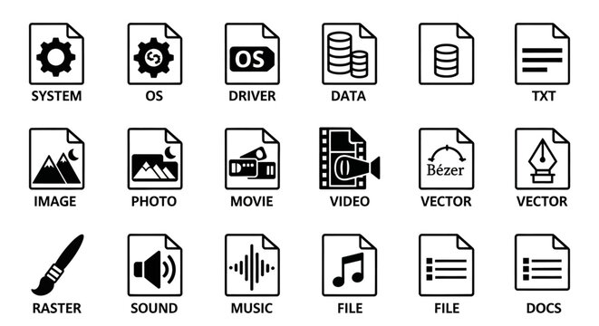 Minimalist computer file type icons set, 18 black and white document format symbols, digital media and system file extension vector illustrations