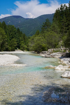 A crystal-clear stream of the Pi&scaron;nica River near Kranjska Gora. Lush forests and the stunning, dramatic Slovenian mountain landscape are visible in the background.