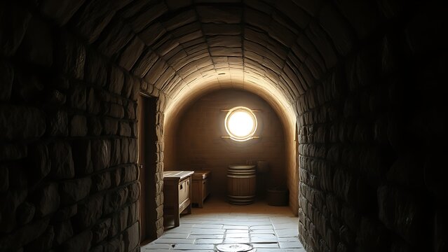 madrigal. A narrow stone corridor leading to a vaulted storage room with soft interior light. real-estate listings.