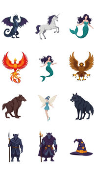 Mythical creatures and fantasy characters.