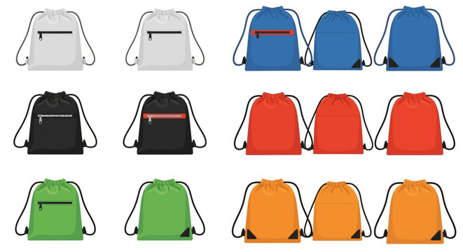 Drawstring backpack vector template set, colorful cinch bag mockups with zippers, 15 sports sack illustrations for branding and merchandise design