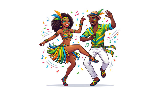 brazilian carnival samba dancers couple in colorful traditional costumes on transparent background vector illustration