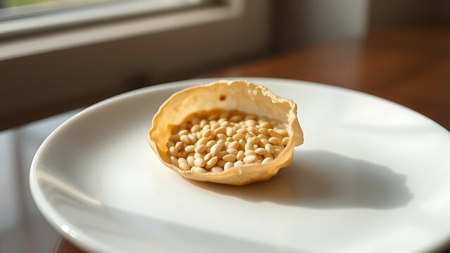 beniseed. A dried sesame pod split open on a white plate, revealing tiny seeds. gardening catalogs, home-decor guides, designed for home decor and floral branding, used by chefs.