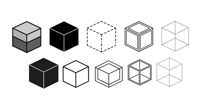Isometric 3D cube icons set, 10 geometric box vector elements, minimalist black and white square symbols for technical diagrams and UI design