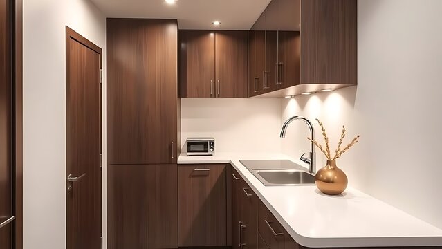 knack. Compact kitchenette with clean counters and soft lighting, functional small space. lifestyle magazines, social media lookbooks, designed for lifestyle magazines and social media content.