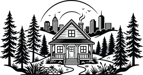 Fototapeta premium house, suburban home, cityscape, black and white vector illustration, countryside retreat, urban skyline