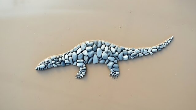 plesiosaur. Outline of a plesiosaur made from grey river stones on a sandy beach. wildlife magazines, conservation campaigns, designed for wildlife conservation campaigns, celebrates biodiversity.
