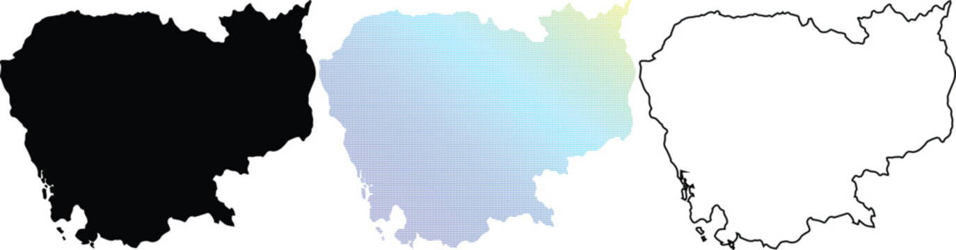 Set of Cambodia Map Silhouettes in Three Styles Including Solid Black Minimalist Outline and Colorful Pixelated Gradient for Travel and Education