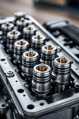 Naklejka premium Engine cylinder head with valve parts displaying manufacturing precision