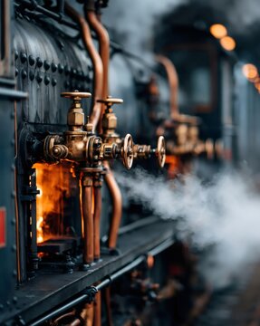 Vintage steam locomotive engine showing brass valves and firebox
