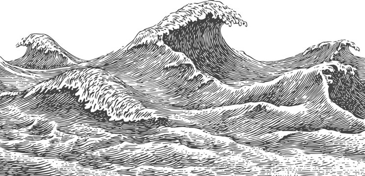 Intricate hand drawn ocean waves with detailed swirling patterns and foam crests