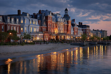 Obraz premium Elegant waterfront district with classic buildings and sandy beach at dusk, warm lights reflecting on calm water creating peaceful and inviting atmosphere
