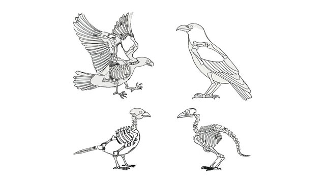 Avian Anatomy: Detailed illustrations of bird skeletons showcase the skeletal structure of various avian species, revealing the intricacies of their anatomy