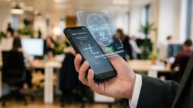 Phone in hand with face recognition in progress and confirm icon. Digital identity verification concept.