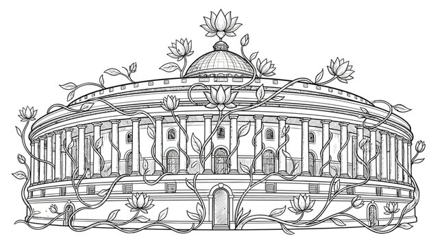 Detailed Parliament House Sketch | India Government Building Art