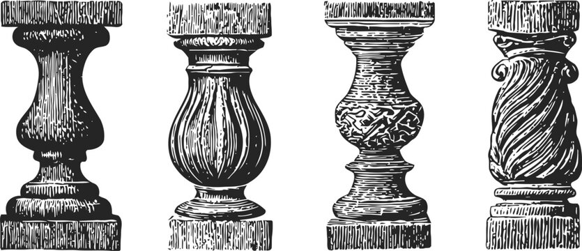 Classic antique wooden balusters set vintage carved pillars with ornate patterns for furniture and stair railing design