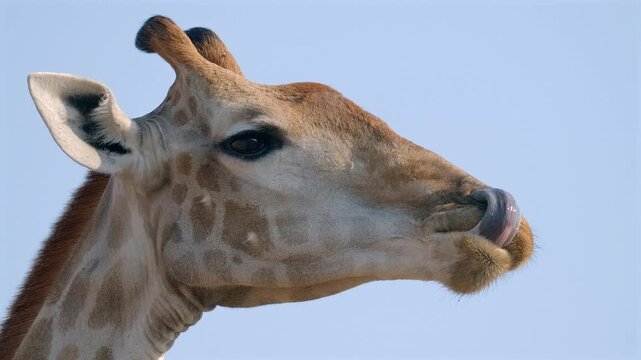 Side close-up of a female giraffe head in Botswana using its long agile tongue to clean its nostrils after drinking, set against a blue sky in beautiful slow-motion light.