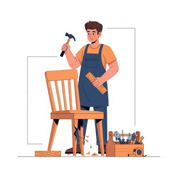 Skilled craftsman repairing an old wooden chair with tools, illustrating carpentry and furniture restoration services