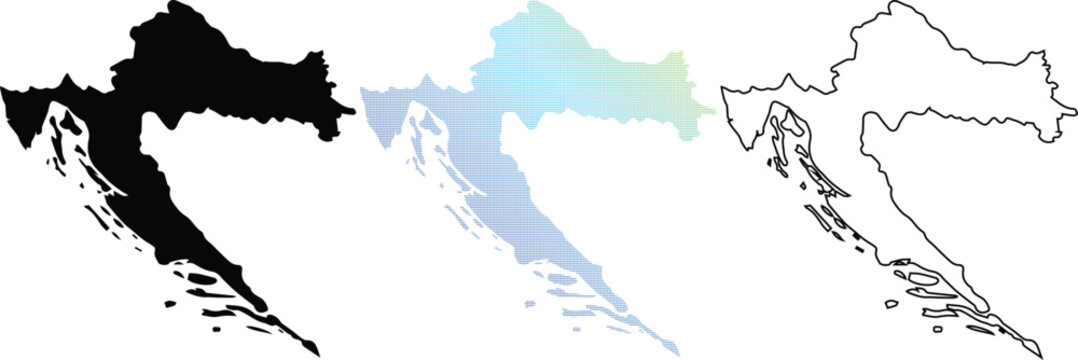 Comprehensive Croatia Map Collection featuring Solid Black Silhouette, Blue Pixelated Gradient Pattern, and Minimalist Line Art Outline including Adriatic Islands