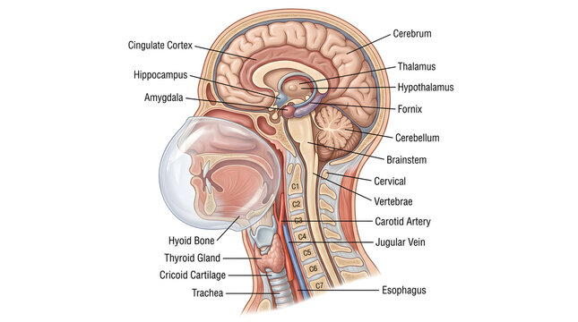Sagittal view of the human brain and cervical region highlighting cerebrum, limbic system nuclei, thalamus, hypothalamus, cerebellum, brainstem, cervical vertebrae, carotid artery, jugular vein, hyoid