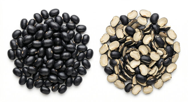 Pile of raw whole dried black-eyed peas beside split peas