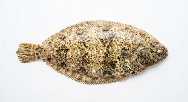 Whole raw flatfish with speckled brown body on white background