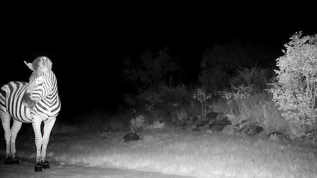 Night vision footage, zebra moving through bush captured on motion sensor camera