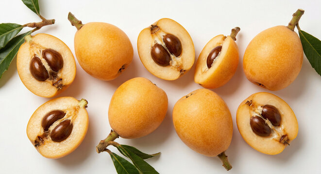 Fresh whole and halved loquats with seeds on white background