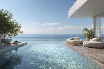 Fototapeta premium Modern infinity pool overlooking calm ocean with clear sky, cozy outdoor seating and lush plants creating serene and luxurious seaside living atmosphere