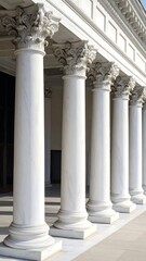 Obraz premium Row of white marble columns with ornate Corinthian capitals against light sky and dark shadow