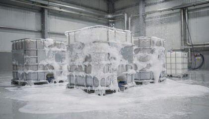 Naklejka premium Detergent foam covers drums and IBC containers in a medium shot of a thorough cleaning process focusing on safe refilling preparation and hygiene.