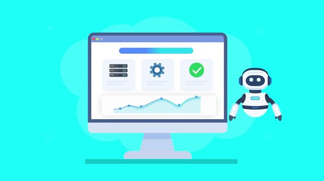 Friendly robot assistant interacting with automated dashboard featuring data table interface, analytics charts, and progress indicators in smooth animation, representing structured workflow and smart 