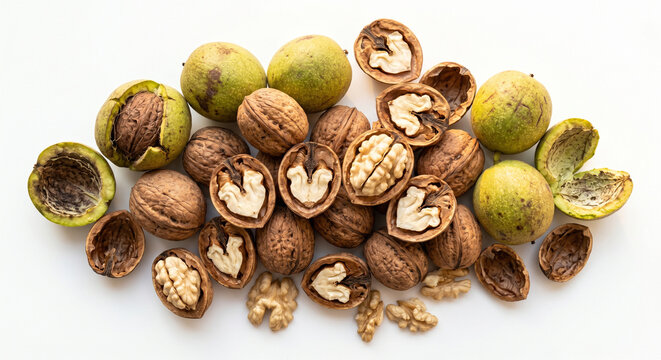 Mix of whole and open walnuts on white background