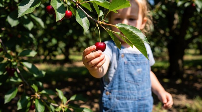 A child holds a ripe cherry picked from a tree in an orchard, surrounded by lush green leaves and branches.
