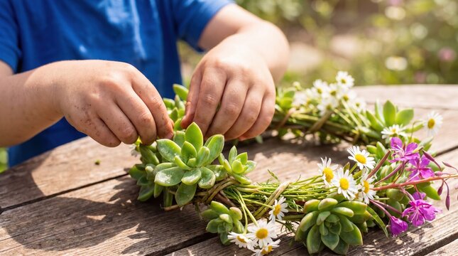 A child assembles a vibrant wreath of succulents (Crassulaceae) and wildflowers on a wooden table, showcasing nature's beauty and creativity.