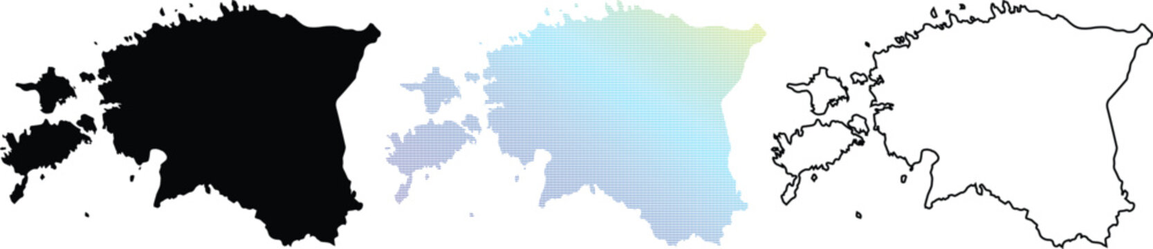 Map of Estonia Set featuring Solid Black Silhouette, Pixelated Color Gradient and Simple Outline Vector Illustration for Geography and Infographic Design