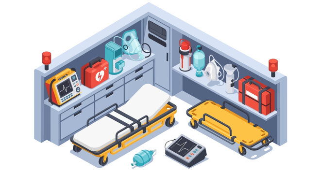 Isometric view of a well-equipped medical room featuring stretchers, defibrillators, first aid kits, and other emergency medical supplies.