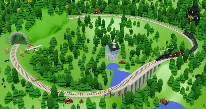 3d template design - Train, mountains and trees. Summer holiday. Time to travel. 3d render video.
