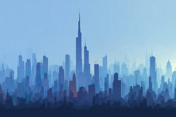 Fototapeta premium City skyline silhouette with layered blue gradient buildings and skyscrapers creating calm and modern urban atmosphere in flat style